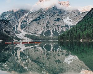 Preview wallpaper lake, mountains, boats, shore, water, reflection