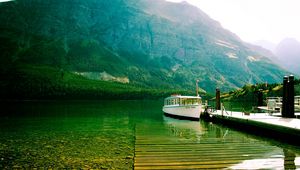 Preview wallpaper lake, mountains, bottom, transparent, water, boat, walking