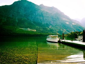 Preview wallpaper lake, mountains, bottom, transparent, water, boat, walking