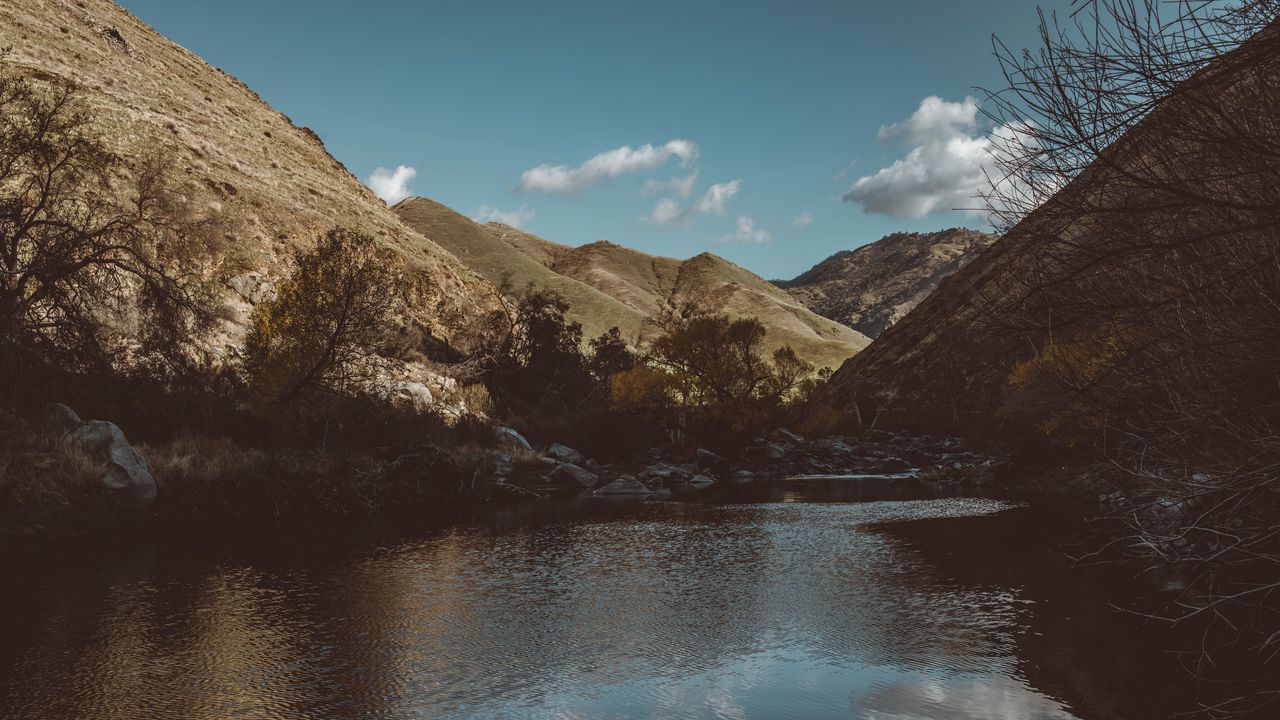 Wallpaper lake, mountains, branches, stones, landscape