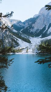 Preview wallpaper lake, mountains, branches, landscape, italy