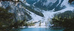 Preview wallpaper lake, mountains, branches, landscape, italy