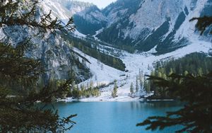 Preview wallpaper lake, mountains, branches, landscape, italy