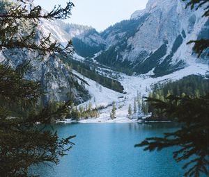 Preview wallpaper lake, mountains, branches, landscape, italy