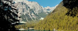 Preview wallpaper lake, mountains, branches, spruce, landscape