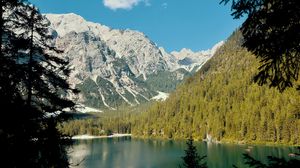 Preview wallpaper lake, mountains, branches, spruce, landscape