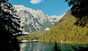 Preview wallpaper lake, mountains, branches, spruce, landscape