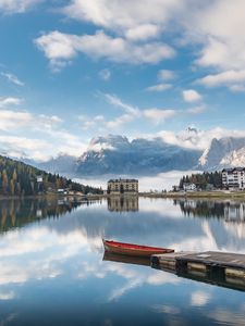 Preview wallpaper lake, mountains, buildings, pier, boat, landscape