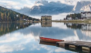 Preview wallpaper lake, mountains, buildings, pier, boat, landscape