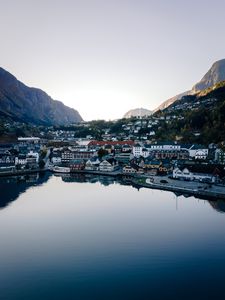 Preview wallpaper lake, mountains, buildings, city, aerial view