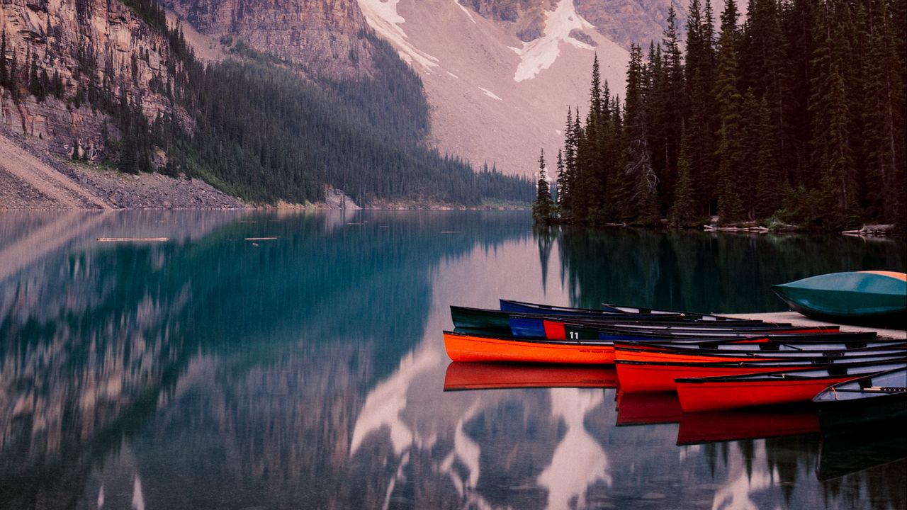 Wallpaper lake, mountains, canoe, kayak, trees