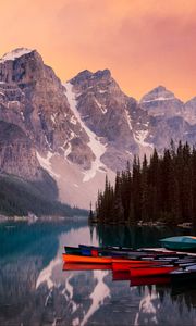 Preview wallpaper lake, mountains, canoe, kayak, trees