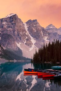 Preview wallpaper lake, mountains, canoe, kayak, trees