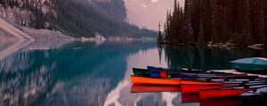 Preview wallpaper lake, mountains, canoe, kayak, trees