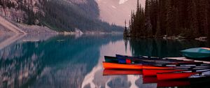 Preview wallpaper lake, mountains, canoe, kayak, trees