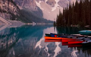 Preview wallpaper lake, mountains, canoe, kayak, trees