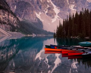 Preview wallpaper lake, mountains, canoe, kayak, trees