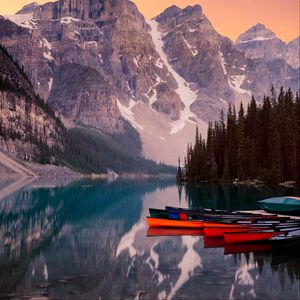 Preview wallpaper lake, mountains, canoe, kayak, trees