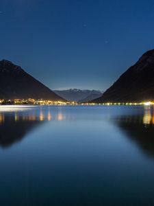 Preview wallpaper lake, mountains, city, lights, night, reflection