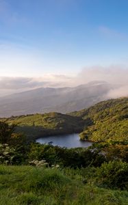 Preview wallpaper lake, mountains, clouds, landscape, morning