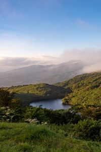 Preview wallpaper lake, mountains, clouds, landscape, morning