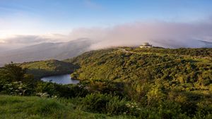 Preview wallpaper lake, mountains, clouds, landscape, morning