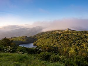 Preview wallpaper lake, mountains, clouds, landscape, morning