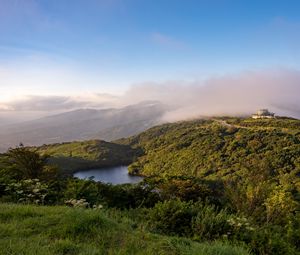 Preview wallpaper lake, mountains, clouds, landscape, morning