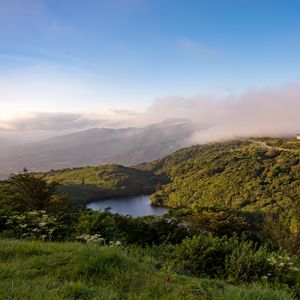 Preview wallpaper lake, mountains, clouds, landscape, morning