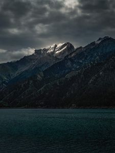Preview wallpaper lake, mountains, clouds, shore, water