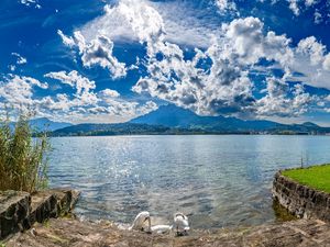 Preview wallpaper lake, mountains, clouds, sky, nature