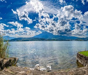 Preview wallpaper lake, mountains, clouds, sky, nature