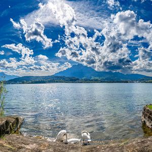 Preview wallpaper lake, mountains, clouds, sky, nature