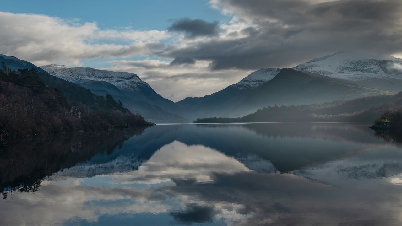 Wallpaper lake, mountains, clouds, water, reflection