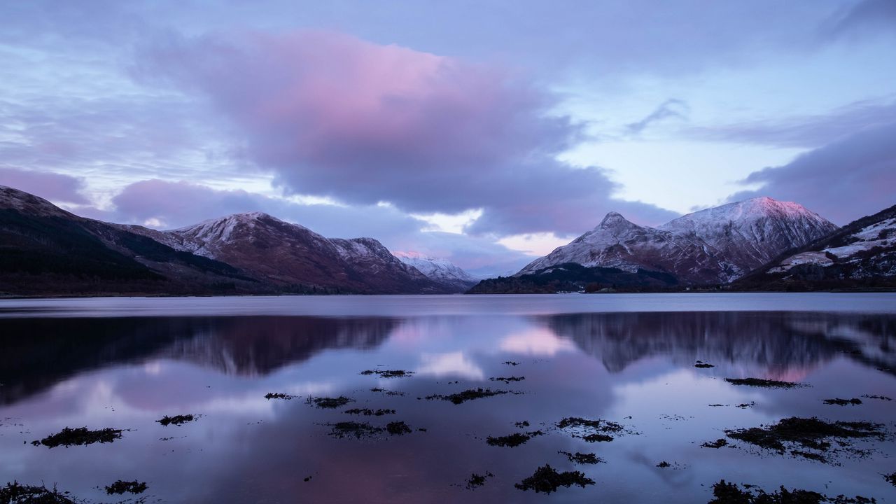 Wallpaper lake, mountains, clouds, landscape, nature, purple