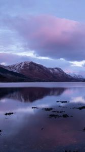 Preview wallpaper lake, mountains, clouds, landscape, nature, purple