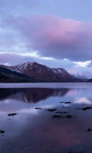 Preview wallpaper lake, mountains, clouds, landscape, nature, purple