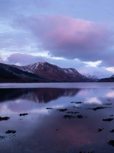 Preview wallpaper lake, mountains, clouds, landscape, nature, purple