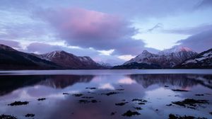 Preview wallpaper lake, mountains, clouds, landscape, nature, purple