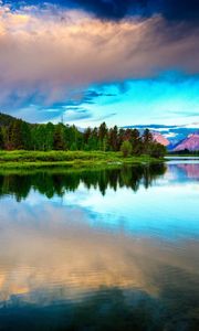 Preview wallpaper lake, mountains, clouds, sky, brightly, water smooth surface, contrast