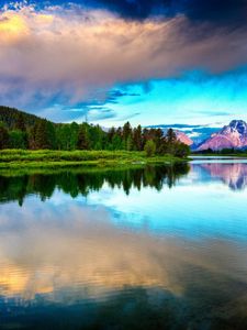 Preview wallpaper lake, mountains, clouds, sky, brightly, water smooth surface, contrast