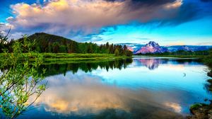 Preview wallpaper lake, mountains, clouds, sky, brightly, water smooth surface, contrast