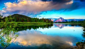 Preview wallpaper lake, mountains, clouds, sky, brightly, water smooth surface, contrast