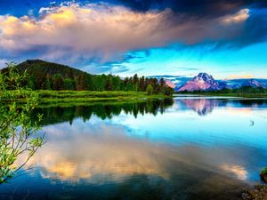 Preview wallpaper lake, mountains, clouds, sky, brightly, water smooth surface, contrast