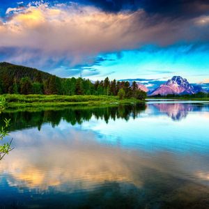 Preview wallpaper lake, mountains, clouds, sky, brightly, water smooth surface, contrast