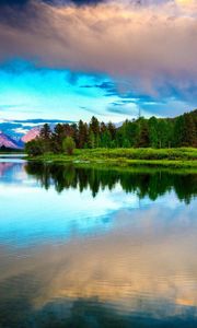 Preview wallpaper lake, mountains, clouds, smooth surface, reflection, sky, brightly, branches