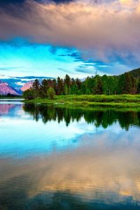 Preview wallpaper lake, mountains, clouds, smooth surface, reflection, sky, brightly, branches