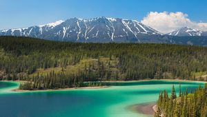 Preview wallpaper lake, mountains, clouds, smooth surface, reflection, sky, brightly, branches