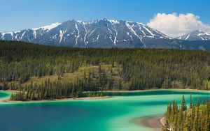 Preview wallpaper lake, mountains, clouds, smooth surface, reflection, sky, brightly, branches