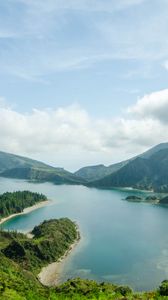 Preview wallpaper lake, mountains, clouds, greenery, landscape